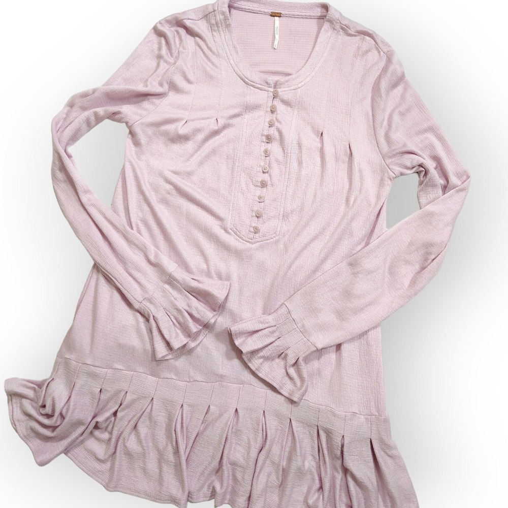 Free People Tunic Womens Small Waffle Knit Henley Mauve Pink Ruffle Long Sleeve